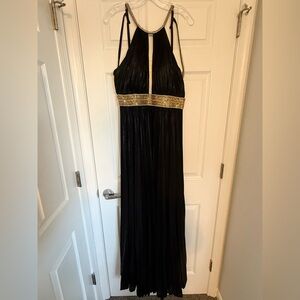 Mac Duggal Black Pleated Halter Open Back Embellished Gown Size 6
